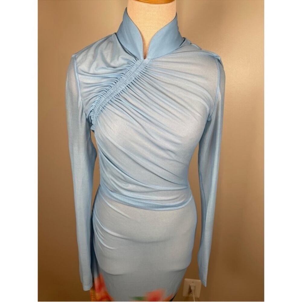 SAU LEE Kendra Mesh Sheer Blurred Floral Long Sleeve Blue Maxi Dress Size 0 - Picture 5 of 15
